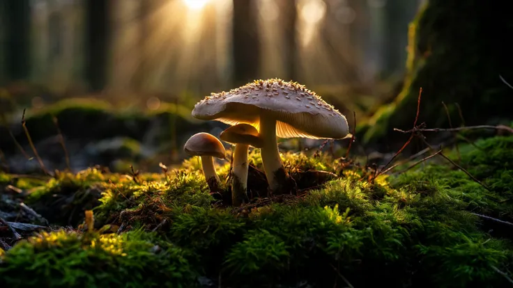 Macro Photography A single mushroom on mossy grounds, Sunbeams from the side, Foggy, Cold lighting, Macro Photography, often for close-up views, small subjects, or detailed examination.