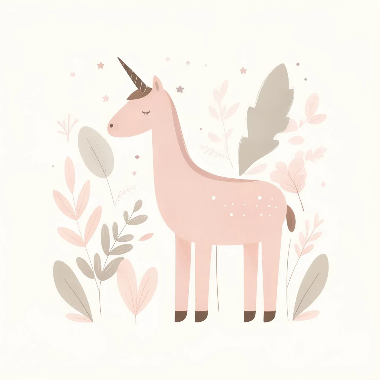 A cute [ pink unicon] clipart, organic forms, in the style of Jon Klassen, desaturated light and airy pastel color palette, nursery art, white background