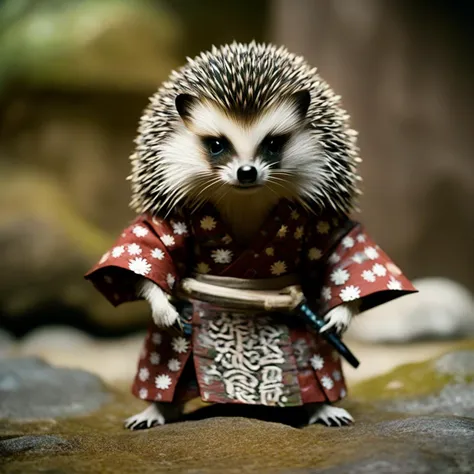 a hedgehog, with hedgehog paws visible, standing proudly dressed in Japanese Samuri costume, with sword, in full fighting regalia, in japanese ritual setting, UHD, canon 5d wide angle