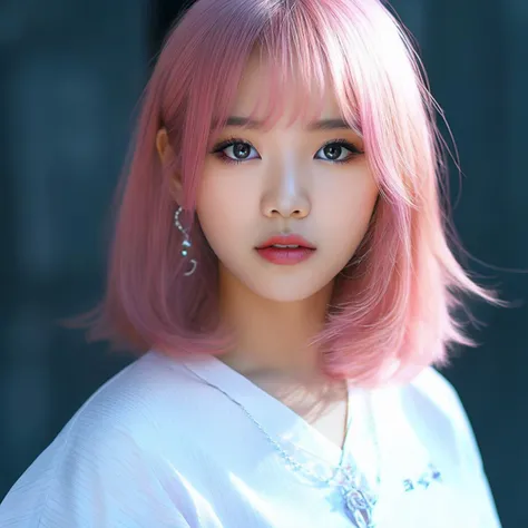 1girl, asian girl, korean, pink hair, blue eyes, cute, wonderful, realistic, photography, close-up shoot