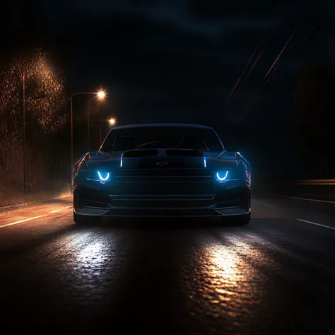 masterpiece, high quality, ultra fucking good, this is the good stuff, best prompt ever, a singular car lighting up a very dark road, headlights shining on asphalt, highly detailed asphalt with reflections and pbr texturing