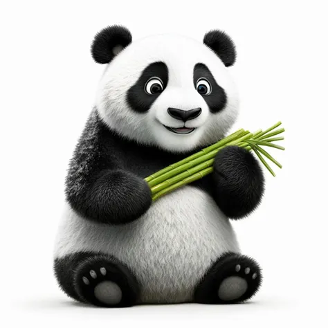 pixar cartoon anthropomorphic huggable panda, older brother panda, happy, eating some bamboo, on white background