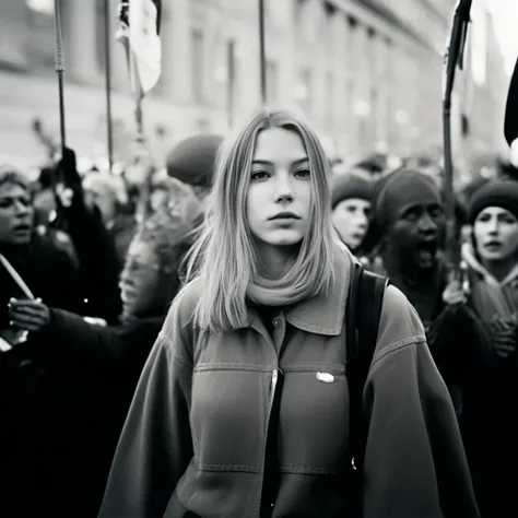 a candid photo of a young woman at a protest Anton Corbijn