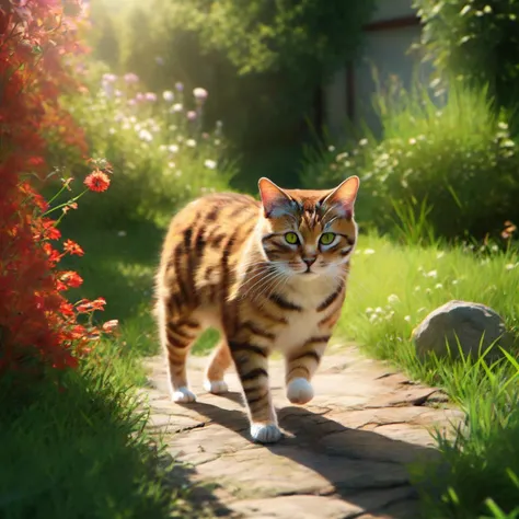 /detailed realistic oil painting colorful illustration of full complete body of a cat swalking in a beautiful garden sunny day 8k high resolution resolution 2160:3840