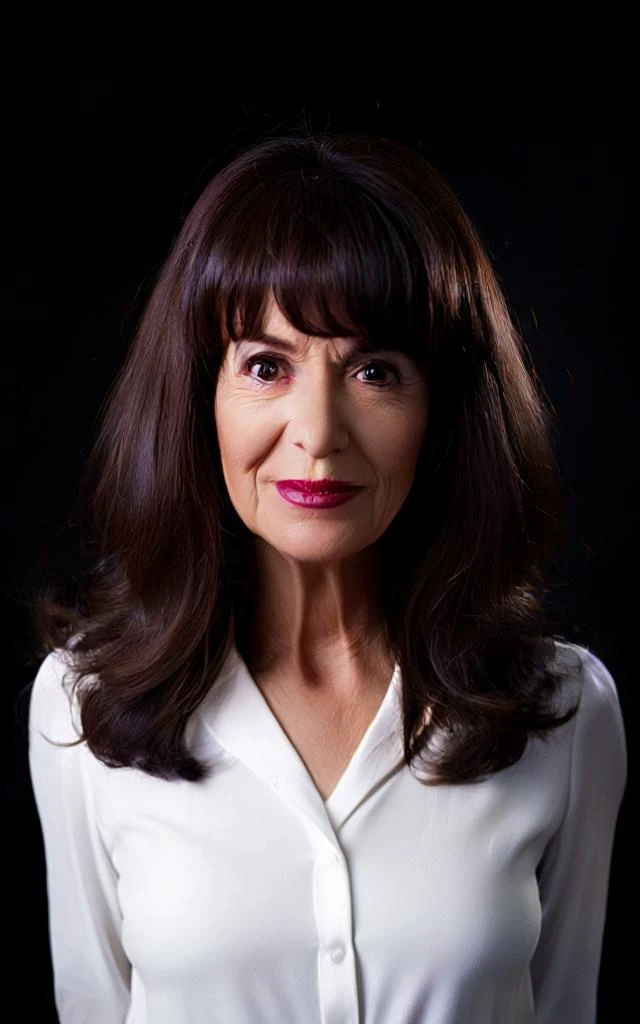 cinematic photo of 48 years woman facing the camera, shot from waist up, (casual white business dress), long auburn hair and bangs, tooth gap, snub nose, serious, (brown brown brown eyes), semetric eyes, sharp pupils, looks serious, Emotional facial expression and pose, smeared smile, (slightly open lips) curly brown hair, soothing skin tones.

35mm photograph, film, bokeh, professional, 4k, highly detailed. shallow depth of field, vignette, highly detailed, high budget, frontal light, moody, epic, gorgeous, film grain, grainy.

high volumetric spotlight, high reflection, (direct backlighting), Slightly worn environment, complementary colors, black solid background.