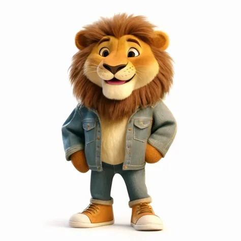 pixar cartoon anthropomorphic huggable lion, older brother lion, happy, wearing jean jacket clothes and fun shoes, on white background