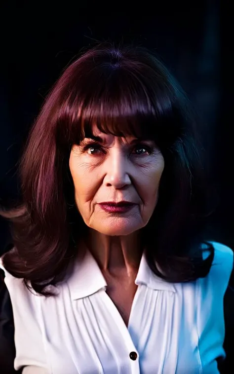 cinematic photo of 98 years woman facing the camera, shot from waist up, (casual white business dress), long auburn hair and bangs, tooth gap, snub nose, serious, (brown brown brown eyes), semetric eyes, sharp pupils, looks serious, Emotional facial expression and pose, smeared smile, (slightly open lips) curly brown hair, soothing skin tones.

35mm photograph, film, bokeh, professional, 4k, highly detailed. shallow depth of field, vignette, highly detailed, high budget, frontal light, moody, epic, gorgeous, film grain, grainy.

high volumetric spotlight, high reflection, (direct backlighting), Slightly worn environment, complementary colors, black solid background.