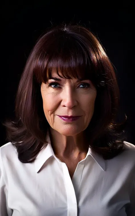 cinematic photo of 58 years woman facing the camera, shot from waist up, (casual white business dress), long auburn hair and bangs, tooth gap, snub nose, serious, (brown brown brown eyes), semetric eyes, sharp pupils, looks serious, Emotional facial expression and pose, smeared smile, (slightly open lips) curly brown hair, soothing skin tones.

35mm photograph, film, bokeh, professional, 4k, highly detailed. shallow depth of field, vignette, highly detailed, high budget, frontal light, moody, epic, gorgeous, film grain, grainy.

high volumetric spotlight, high reflection, (direct backlighting), Slightly worn environment, complementary colors, black solid background.