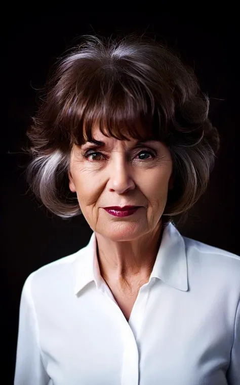 cinematic photo of 78 years woman facing the camera, shot from waist up, (casual white business dress), long auburn hair and bangs, tooth gap, snub nose, serious, (brown brown brown eyes), semetric eyes, sharp pupils, looks serious, Emotional facial expression and pose, smeared smile, (slightly open lips) curly brown hair, soothing skin tones.

35mm photograph, film, bokeh, professional, 4k, highly detailed. shallow depth of field, vignette, highly detailed, high budget, frontal light, moody, epic, gorgeous, film grain, grainy.

high volumetric spotlight, high reflection, (direct backlighting), Slightly worn environment, complementary colors, black solid background.