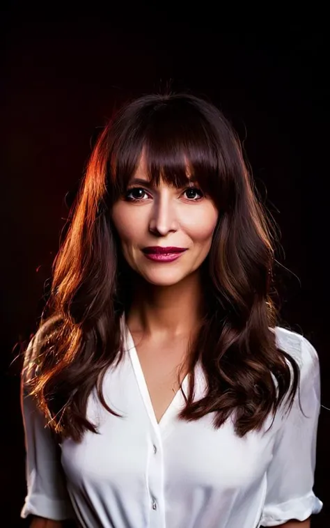 cinematic photo of 118 years woman facing the camera, shot from waist up, (casual white business dress), long auburn hair and bangs, tooth gap, snub nose, serious, (brown brown brown eyes), semetric eyes, sharp pupils, looks serious, Emotional facial expression and pose, smeared smile, (slightly open lips) curly brown hair, soothing skin tones.
35mm photograph, film, bokeh, professional, 4k, highly detailed. shallow depth of field, vignette, highly detailed, high budget, frontal light, moody, epic, gorgeous, film grain, grainy.
high volumetric spotlight, high reflection, (direct backlighting), Slightly worn environment, complementary colors, black solid background.