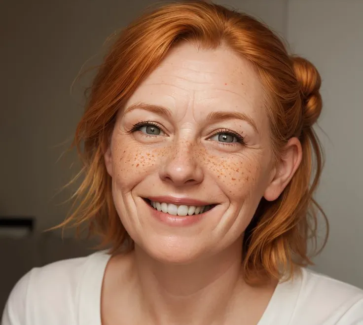 A ginger-haired mischievous 52 year old german woman with [freckles]:.14, smiling warmly, naturally bare-faced, dutch angle
ginger side hair buns, white teeth smile, american woman, skin pores, glossy lips,