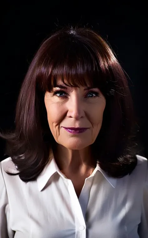 cinematic photo of 68 years woman facing the camera, shot from waist up, (casual white business dress), long auburn hair and bangs, tooth gap, snub nose, serious, (brown brown brown eyes), semetric eyes, sharp pupils, looks serious, Emotional facial expression and pose, smeared smile, (slightly open lips) curly brown hair, soothing skin tones.

35mm photograph, film, bokeh, professional, 4k, highly detailed. shallow depth of field, vignette, highly detailed, high budget, frontal light, moody, epic, gorgeous, film grain, grainy.

high volumetric spotlight, high reflection, (direct backlighting), Slightly worn environment, complementary colors, black solid background.