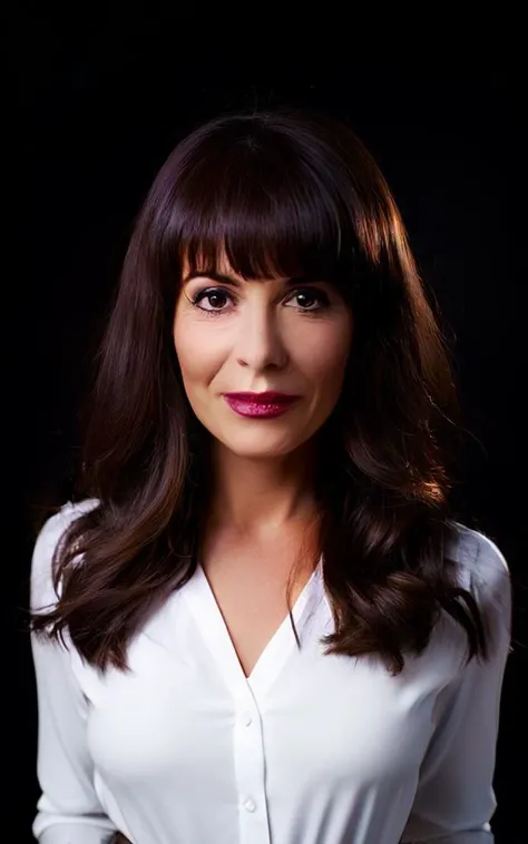 cinematic photo of 28 years woman facing the camera, shot from waist up, (casual white business dress), long auburn hair and bangs, tooth gap, snub nose, serious, (brown brown brown eyes), semetric eyes, sharp pupils, looks serious, Emotional facial expression and pose, smeared smile, (slightly open lips) curly brown hair, soothing skin tones.

35mm photograph, film, bokeh, professional, 4k, highly detailed. shallow depth of field, vignette, highly detailed, high budget, frontal light, moody, epic, gorgeous, film grain, grainy.

high volumetric spotlight, high reflection, (direct backlighting), Slightly worn environment, complementary colors, black solid background.