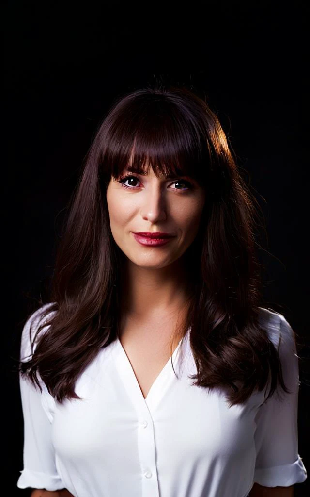 cinematic photo of 18 years woman facing the camera, shot from waist up, (casual white business dress), long auburn hair and bangs, tooth gap, snub nose, serious, (brown brown brown eyes), semetric eyes, sharp pupils, looks serious, Emotional facial expression and pose, smeared smile, (slightly open lips) curly brown hair, soothing skin tones.

35mm photograph, film, bokeh, professional, 4k, highly detailed. shallow depth of field, vignette, highly detailed, high budget, frontal light, moody, epic, gorgeous, film grain, grainy.

high volumetric spotlight, high reflection, (direct backlighting), Slightly worn environment, complementary colors, black solid background.