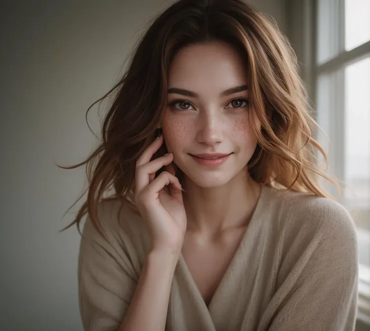 cinematic photo A ginger-haired mischievous woman with [freckles]:.14, smiling warmly, naturally bare-faced, dutch angle
45 years old woman, ginger side buns, white teeth smile, american woman, skin pores, glossy lips,  . 35mm photograph, film, bokeh, professional, 4k, highly detailed