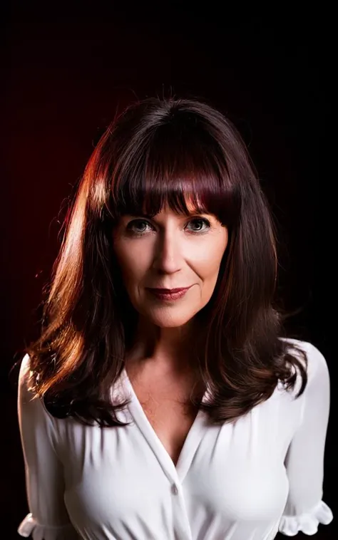 cinematic photo of 108 years woman facing the camera, shot from waist up, (casual white business dress), long auburn hair and bangs, tooth gap, snub nose, serious, (brown brown brown eyes), semetric eyes, sharp pupils, looks serious, Emotional facial expression and pose, smeared smile, (slightly open lips) curly brown hair, soothing skin tones.

35mm photograph, film, bokeh, professional, 4k, highly detailed. shallow depth of field, vignette, highly detailed, high budget, frontal light, moody, epic, gorgeous, film grain, grainy.

high volumetric spotlight, high reflection, (direct backlighting), Slightly worn environment, complementary colors, black solid background.