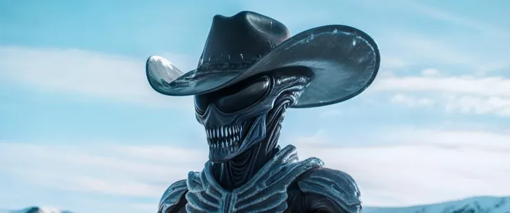 a xenomorph wearing a cowboy hat, made of ice