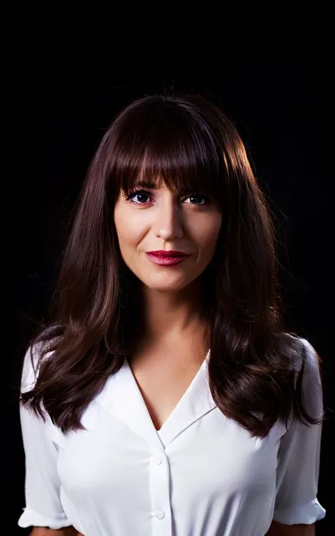 cinematic photo of 8 years woman facing the camera, shot from waist up, (casual white business dress), long auburn hair and bangs, tooth gap, snub nose, serious, (brown brown brown eyes), semetric eyes, sharp pupils, looks serious, Emotional facial expression and pose, smeared smile, (slightly open lips) curly brown hair, soothing skin tones.

35mm photograph, film, bokeh, professional, 4k, highly detailed. shallow depth of field, vignette, highly detailed, high budget, frontal light, moody, epic, gorgeous, film grain, grainy.

high volumetric spotlight, high reflection, (direct backlighting), Slightly worn environment, complementary colors, black solid background.