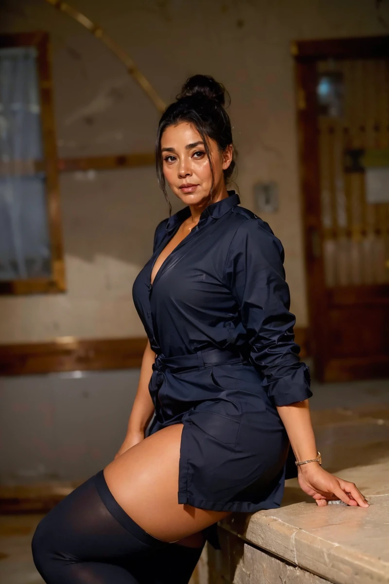 highres, (masterpiece:1.2), (best quality, highest quality),ultra highres, 8K, HDR, photograph of
<lora:Clinic_Waiting_Room:0.8> clinic-waiting-room, medical_clinic,
<lora:age_slider_v20:1.5>
((Isabella from Colombia):1.4), Mature Hispanic (nurse:1.3) from Peru, standing, talking to viewer,
<lora:Bun Hairstyle:0.3> bun_hairstyle
near-black hair in a tight single_hair_bun, hazel eyes, kind, caring, thoughtful, concerned, cheerful,
<lora:ClothingMedicalScrubs0:0.9> (wearing black scrubs:1.3), black footwear, (medical_scrubs:1.3),
wide hips, thick thighs,
<lora:Weight Slider:1.3> <lora:Skin Tone Slider:3.5> <lora:Distance Slider:1> <lora:Clothing Adjuster:-1>
