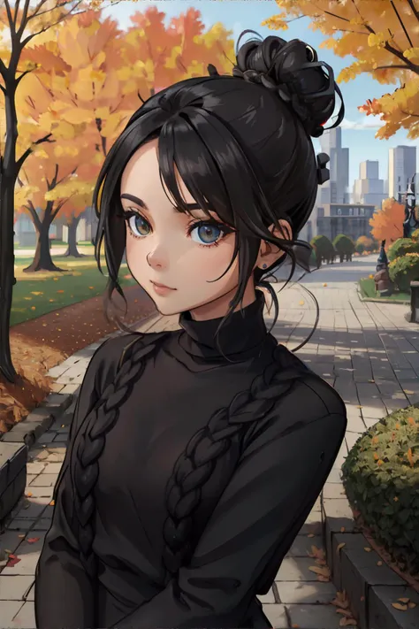 <lora:hairstyles-bun:0.5>, bun_hairstyle, beautiful woman wearing black sweater, city park in autumn || masterpiece, perfect quality, sharp focus, shallow depth of field, 8k