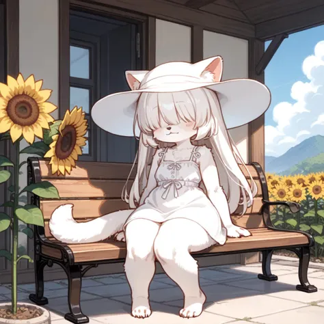 score_9, score_7_up, source_anime, rating_safe,
(furry mature female:1.2),furry, cute, child,fur,body fur,white fur,feathers fur,
,long hair,hair over eyes,
white sundress sun hat,sunflower,on bench, from side, 
(bottom heavy, thick thighs, narrow waist,tail, barefoot, wide hips:1.2),<lora:sdxl-boldline:1.5>