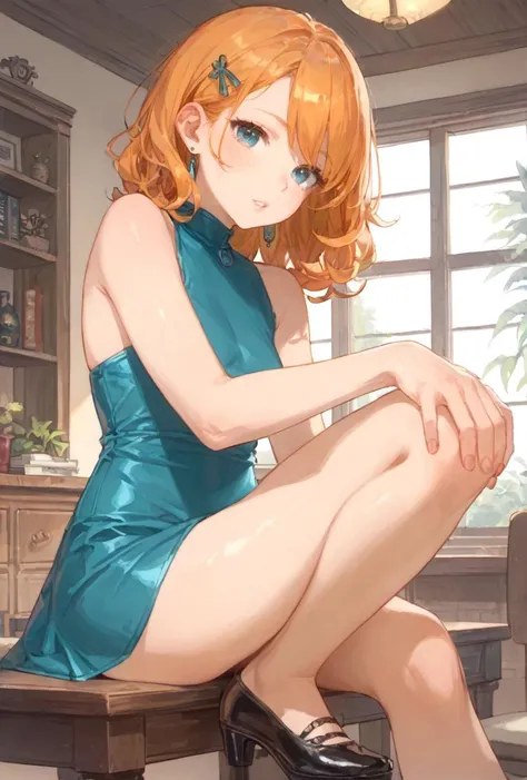 score_9, score_8_up, score_7_up,(((adult))), 25 years old,, 1girl, curvy  body, thick thighs , tiny  breasts, , east asian, orange  voluminous curls hair,, parted lips, sitting, knees together feet apart , on table, dining room, tube dress,0.3::leather shoes,  , straddling ,