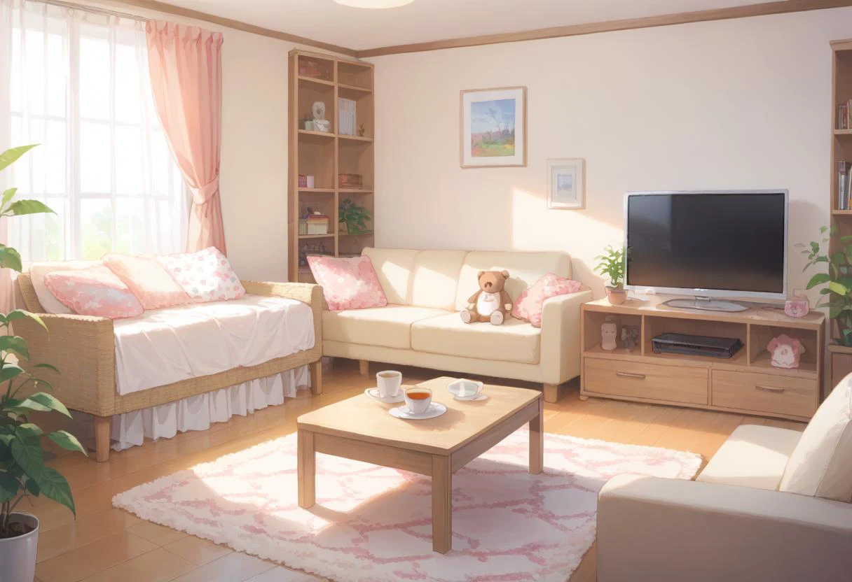 score_9, score_8_up, score_7_up, rating_safe, masterpiece, best quality, absurdres, unity 8k wallpaper, official art, official style, source_anime, uncensored, game cg, megami magazine,
JJROOM, scenery, table, television, indoors, stuffed toy, stuffed animal, cup, couch, teddy bear, plant, curtains, pillow, chair,
<lora:JP_JOSHI_ROOM_PONY_V1:1>