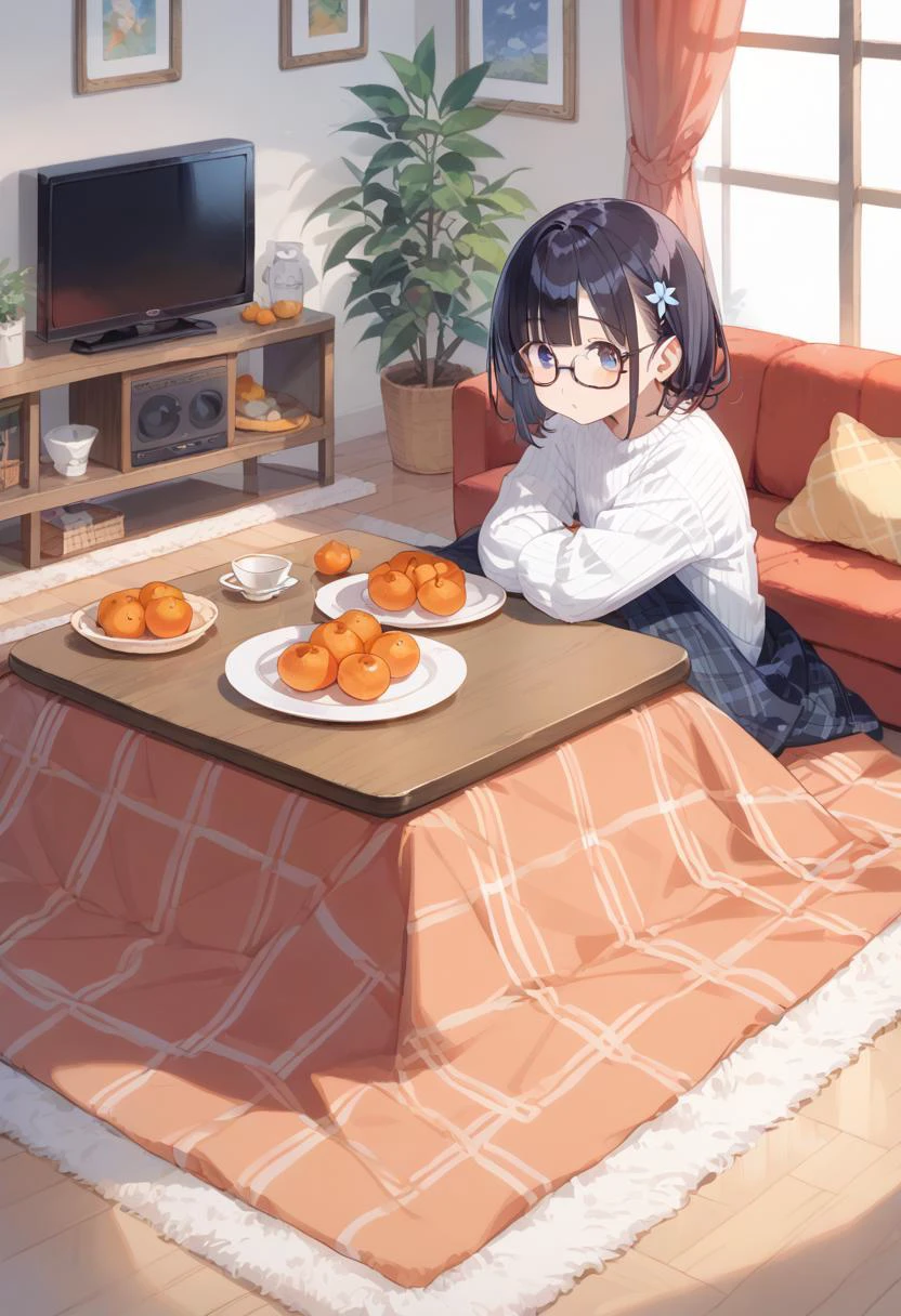 score_9, score_8_up, score_7_up, rating_safe, masterpiece, best quality, absurdres, unity 8k wallpaper, official art, official style, source_anime, uncensored, game cg, megami magazine, ultra delicate hair,
1girl, glasses, black hair, medium hair, sitting, long sleeves, white ribbed sweater, shirt, holding,
kotatsu, television, indoors, mandarin orange, plate, couch, food, rug, wooden floor,
<lora:kotatsu_pony_V1:1>
