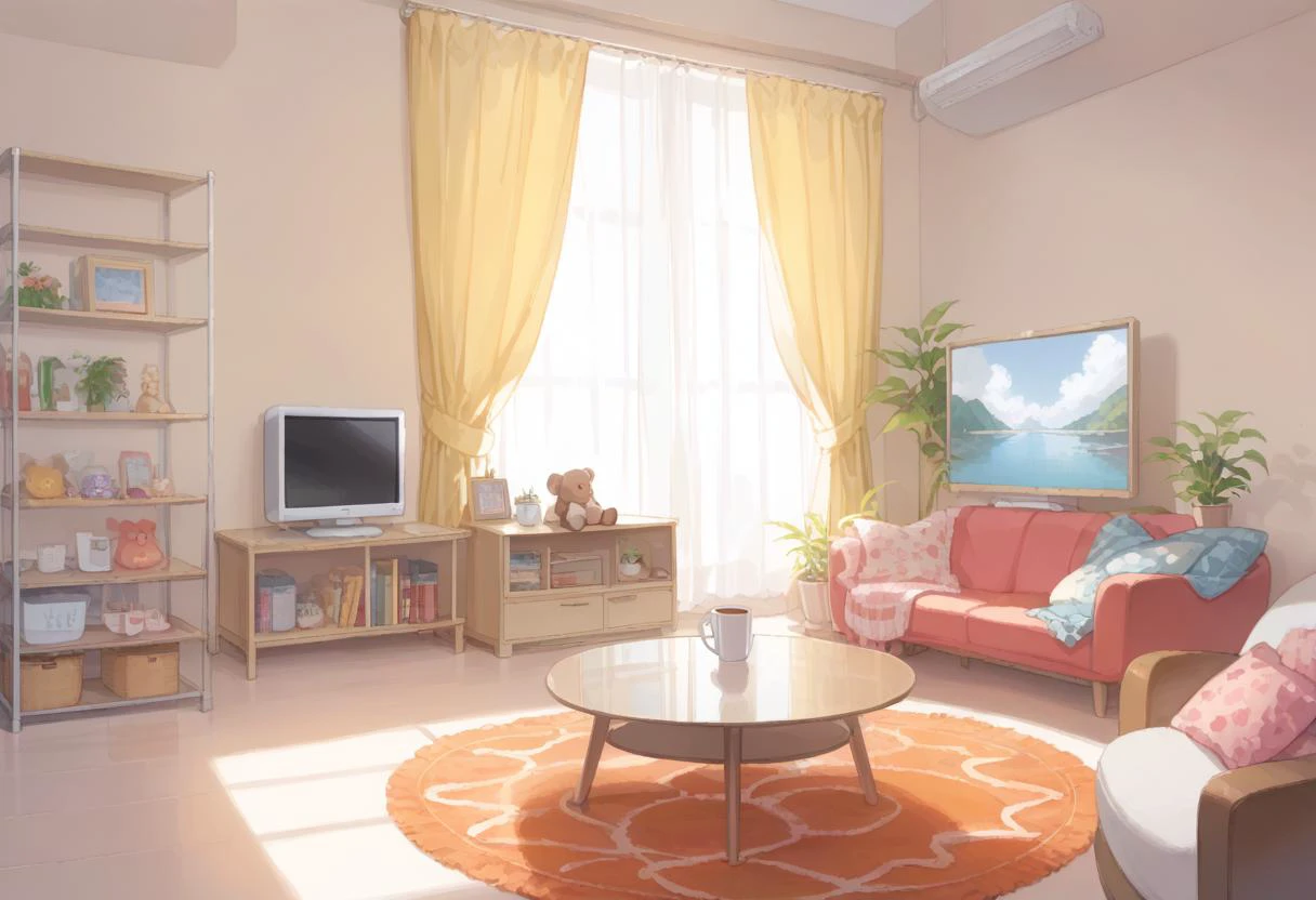 score_9, score_8_up, score_7_up, rating_safe, masterpiece, best quality, absurdres, unity 8k wallpaper, official art, official style, source_anime, uncensored, game cg, megami magazine,
JJROOM, scenery, table, television, indoors, stuffed toy, stuffed animal, cup, couch, teddy bear, plant, curtains, pillow, chair,
<lora:JP_JOSHI_ROOM_PONY_V1:1>