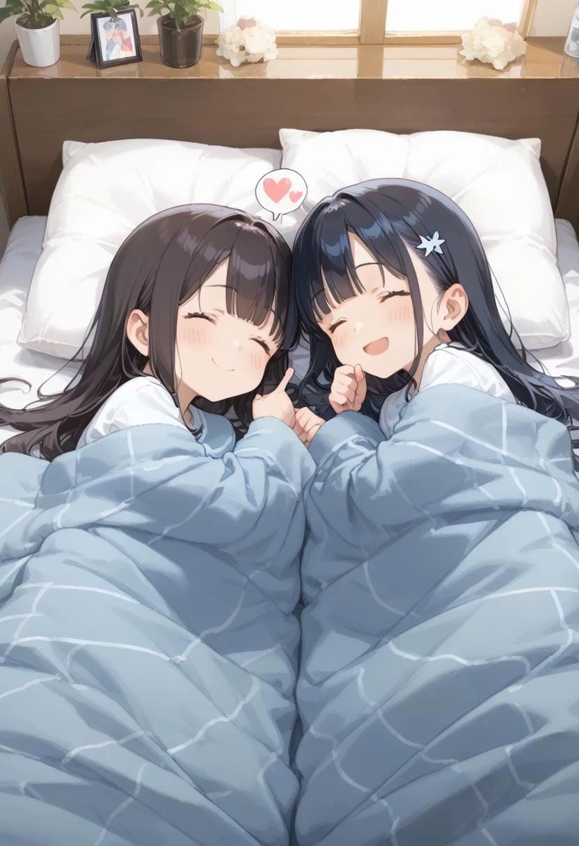 score_9, score_8_up, score_7_up, rating_safe, masterpiece, best quality, absurdres, unity 8k wallpaper, official art, official style, source_anime, uncensored, game cg, megami magazine, ultra delicate hair,
2girls, chibi, black hair, long hair, happy, smile, :3, thumbs up, speech bubble, spoken heart,
futon, pillow, closed eyes, bed, sleeping, lying, under covers, blanket,
<lora:kakefuton_pony_V1:1>