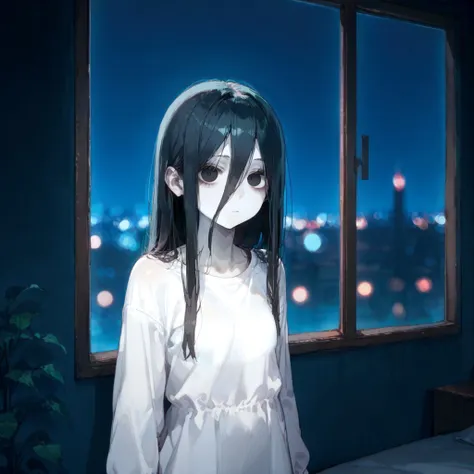 1girl,(close-up:1.1),solo,straight hair, long hair, black hair, black eyes, hair over one eye, long bangs, skinny, white spooky dress, (simple dress:1.3), long sleeves ,(gray skin:1.3) ,(yamamura sadako:1.3), expressionless, (jitome:1.3), head tilt, looking at viewer, 
score_9, score_8_up, score_7_up,score_6_up,best quality, hires, 
(dark:1.3) room, indoors, blurry background, (night, simple black background,behind huge window, neon light, ring bokeh:1.2)
[realistic,3d::0.1]
<lora:Dark_room-Pony:0:0.7>,<lora:DobunezuMix-Pony:0:0.8:lbw=ALL:stop=20>,<lora:Fixhands_anime_bdsqlsz_V1:1> 
zPDXL2