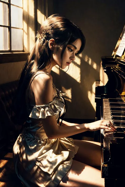 Craft a captivating and hauntingly realistic image that captures the enchanting sight of a beautiful woman playing the piano with a blend of grace and allure. In this evocative scene,the woman is seated at the piano,her fingers caressing the keys with a delicate touch. Her expression is one of serene concentration,her eyes focused on the instrument as she brings the melody to life. The room around her is bathed in soft,warm light,casting a gentle glow on her features and the piano's polished surface. The atmosphere exudes a sense of elegance and intimacy. Colors could range from soft and inviting tones to luminous and rich hues,creating a palette that enhances the woman's beauty and the harmonious ambiance. This image delves into the realm of both aesthetics and emotion,inviting viewers to witness a moment of beauty and artistic expression. The beautiful woman playing the piano becomes a visual narrative that conveys the power of music to evoke emotions and captivate the senses,crafting a scene that resonates with the heart and soul,(masterpiece:1.3),(best quality:1.2),8k,absurdres,unity 8k wallpapper,(extremely detailed:1.3),highestres,realistic,dim light,light beam,performance,(god rays:1.1),(floating papper:1.3),(floating long hair:1.2),<lora:classic_piano:0.7>from side,grand piano