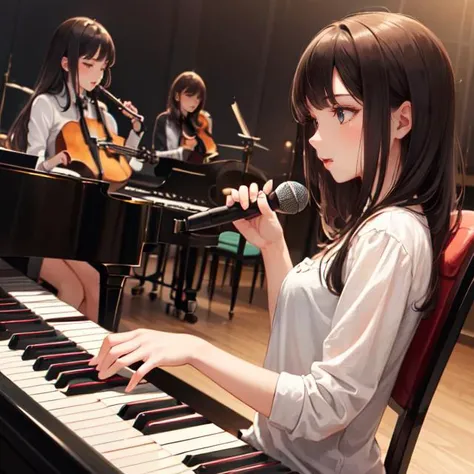 2girls, ((masterpiece)), (((best quality))), (beautiful detailed girl), beautiful detailed glow, (playing piano at background), piano, musician, concert, sitting, chair, singing, microphone, music notes,