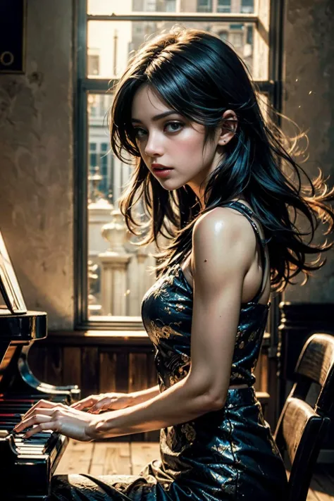 Craft a captivating and hauntingly realistic image that captures the enchanting sight of a beautiful woman playing the piano with a blend of grace and allure. In this evocative scene,the woman is seated at the piano,her fingers caressing the keys with a delicate touch. Her expression is one of serene concentration,her eyes focused on the instrument as she brings the melody to life. The room around her is bathed in soft,warm light,casting a gentle glow on her features and the piano's polished surface. The atmosphere exudes a sense of elegance and intimacy. Colors could range from soft and inviting tones to luminous and rich hues,creating a palette that enhances the woman's beauty and the harmonious ambiance. This image delves into the realm of both aesthetics and emotion,inviting viewers to witness a moment of beauty and artistic expression. The beautiful woman playing the piano becomes a visual narrative that conveys the power of music to evoke emotions and captivate the senses,crafting a scene that resonates with the heart and soul,(masterpiece:1.3),(best quality:1.2),8k,absurdres,unity 8k wallpapper,(extremely detailed:1.3),highestres,realistic,dim light,light beam,performance,(god rays:1.1),(floating papper:1.3),(floating long hair:1.2),<lora:classic_piano:0.7>from side,grand piano