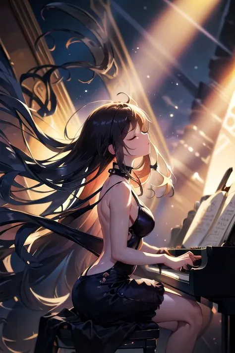 (masterpiece:1.3),(best quality:1.2), highres, 1girl, backless black dress, (playing piano:1.2), sitting, chair, (Entranced:1.3), dim light, light beam, performance, (god rays:1.1),(floating papper:1.3),music score, (floating long hair:1.2), closed eyes, Black floating clothes,from side,grand piano, <lora:classic_piano:0.7>