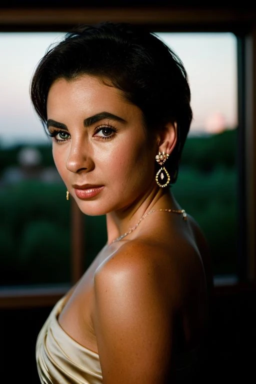 Realistic photo of a beautiful lyzt4yl0r-v2 woman, 1girl, solo, looking at viewer, short hair, brown hair, dress, brown eyes, jewelry, upper body, earrings, sleeveless, blurry, lips, ring, own hands together, realistic, soft lighting, professional Photography, Photorealistic, detailed, RAW, analog, sharp focus, 8k, HD, DSLR, high quality, Fujifilm XT3, film grain, award winning, masterpiece<lora:lyzt4yl0r-v2:1.0>