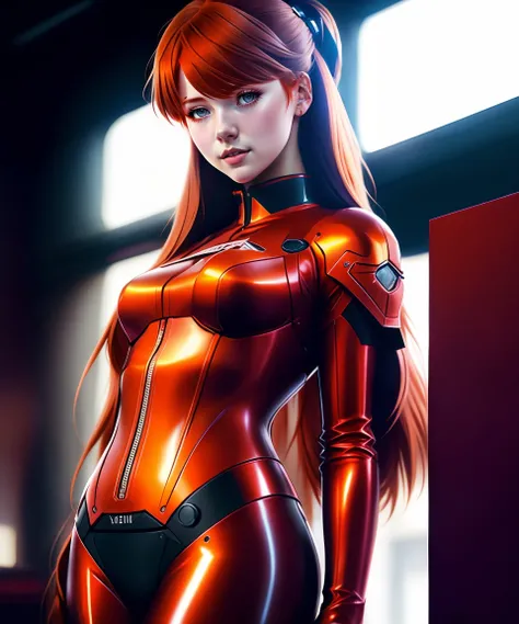 Asuka langley evangelion, a stunning young woman, image from behind girl, looking back to viewer, slightly bending at the waist, happy, horny, (spreading butt cheeks with hands:1.0), trendy attire, realistic, super detail, ((masterpiece)), (cinematic lighting), ((dark lighting)), large perky breasts, huge thigh gap, thin body, lean body, fit butt