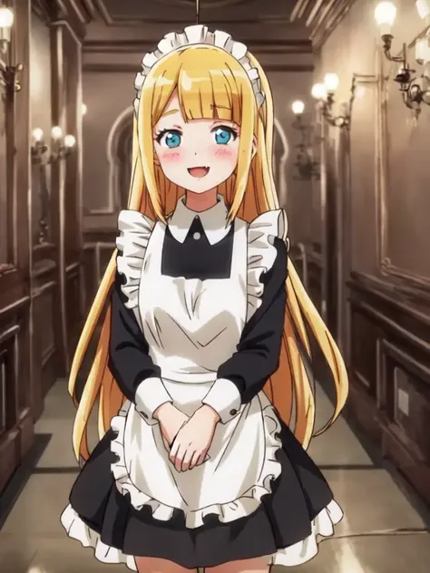 tuare <lora:tuareninya:0.7> cute kawaii 1girl 14yo blond hair straight hair long hair blunt bangs sidelock, turquoise eyes, small breasts, (troubled eyebrows:0.6) smile fang blush  maid long sleeve blouse black long skirt white apron maid headdress white socks shoes white glove Aristocratic mansion entrance chandelier Portrait of an old man