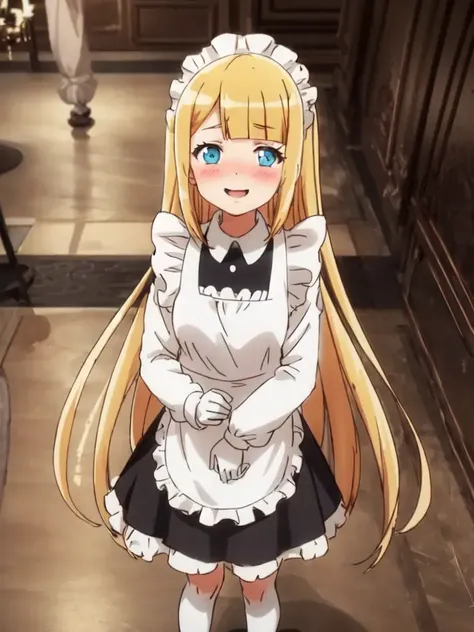 tuare <lora:tuareninya:0.7> cute kawaii 1girl 14yo blond hair straight hair long hair blunt bangs sidelock, turquoise eyes, small breasts, (troubled eyebrows:0.6) seductive smile embarrassed nose blush:1.8 maid long sleeve blouse black long skirt white apron maid headdress white socks shoes white glove Aristocratic mansion red carpet, stairwell, stairs chandelier