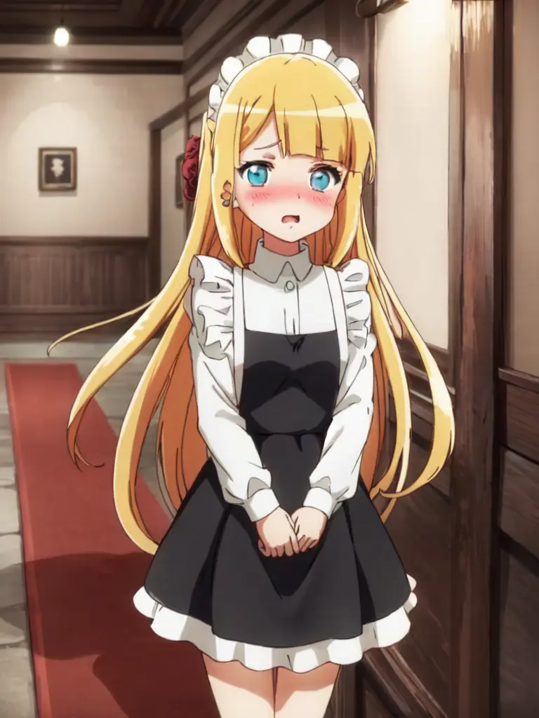 tuare <lora:tuareninya:0.7> cute kawaii 1girl 14yo blond hair straight hair long hair blunt bangs sidelock, turquoise eyes, small breasts, (troubled eyebrows:0.6) whiskers embarrassed nose blush:1.8 maid long sleeve blouse black long skirt white apron maid headdress white socks shoes white glove Aristocratic mansion red carpet, corridors Statue Vase of roses