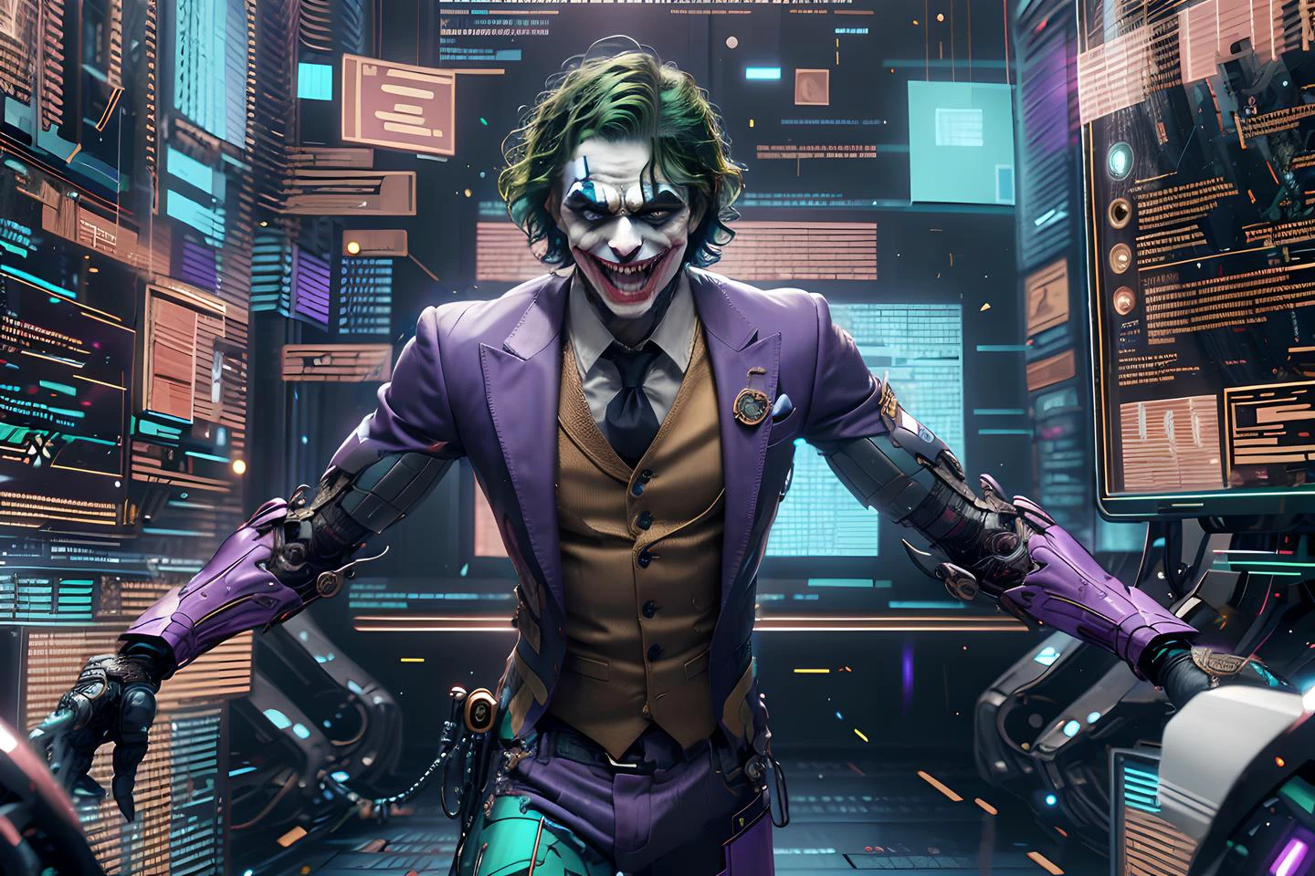 masterpiece, best quality, official art, (hand by Guido Daniele), extremely detailed CG unity 8k wallpaper, joker from batman, maniacal laugh, dramatic angle, circus, floating money, <lora:AdsTech:0.8> adstech, colorful symbols , hologram, <lora:MalwareTech:0.8> matwaretech , scifi, cyberpunk, pixelated, malware glitch, long purple suit, purple pants, villain, evil, dynamic pose, green hair, <lora:MG_jijia:0.8>