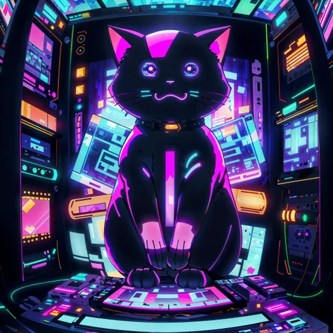 <lora:AdsTech-20:0.8> adstech, colorful symbols , hologram, scifi, (masterpiece, best quality, highly detailed:1.2), (vhs distortion, vhs color grading, vaporwave), cute cat sitting, backlighting, dim light, neons,