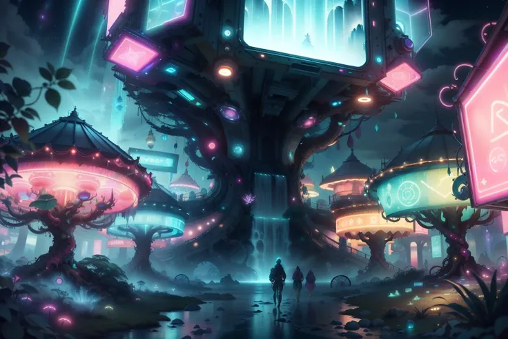 masterpiece, best quality, volumetric lighting, (surreal:1.1) ,
professional, 4k, highly detailed, cinematic photo, (focus), film,
(wonderland ) , magical forest , , bioluminescent plants, night sky, starry sky, cyan and pink hues , neon, amusement park , (magical atmosphere:1.1), <lora:KawaiiTech-20:0.3> kawaiitech, pastel colors, kawaii, cute colors, <lora:AdsTech-20:0.3> adstech, colorful symbols , hologram , waterfalls , <lora:DreadTech-20:0.5>, dreadtech , disturbing, cyberpunk, alice \(alice in wonderland\), 1girl, very long hair, blonde hair, from behind,