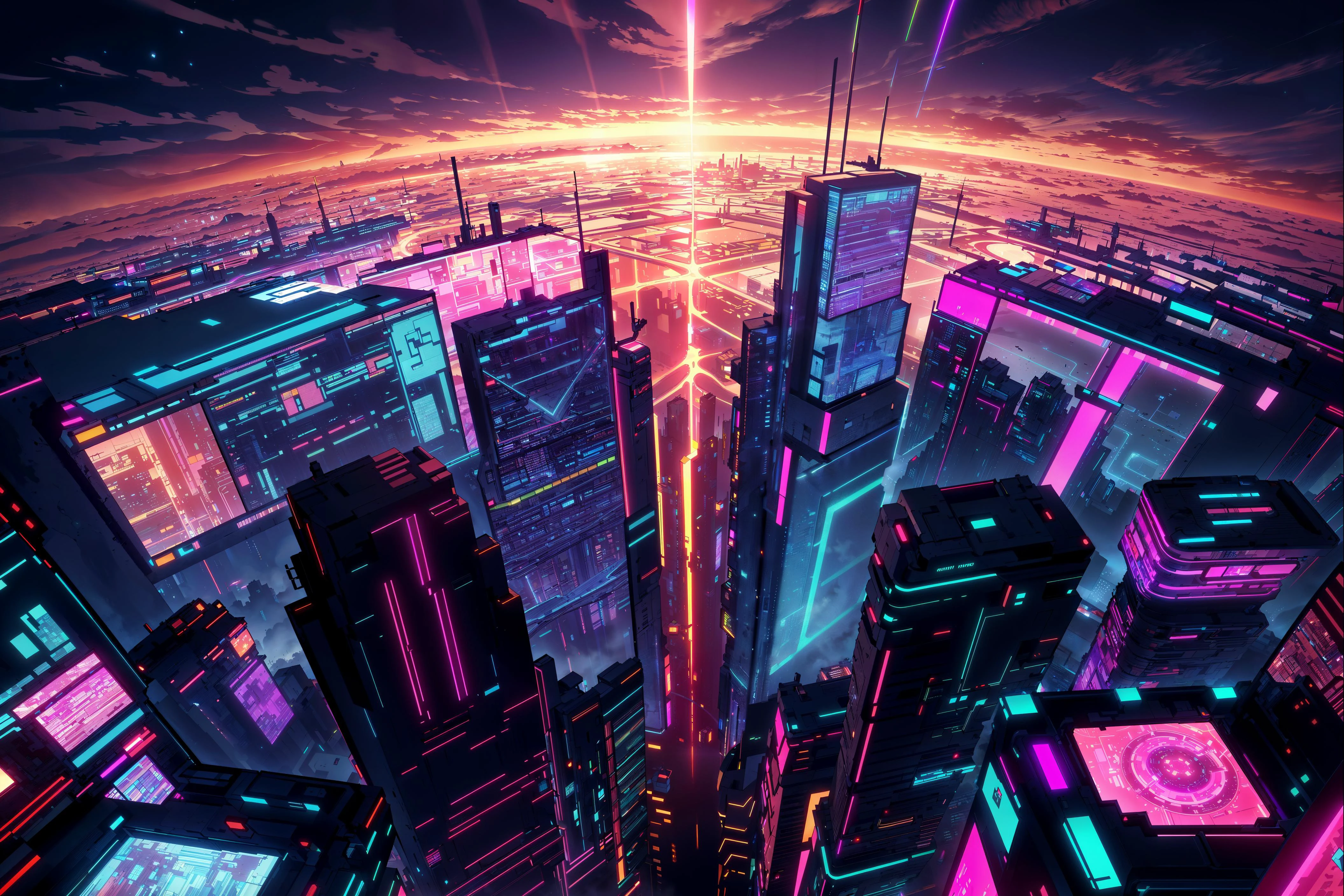 <lora:AdsTech-20:0.8> adstech, colorful symbols , hologram, scifi, (masterpiece, best quality, highly detailed:1.2), (photo, townscape, high angle, aerial view), horizon, pinkish sky, late afternoon, (cyberpunk), monitors, ad,
