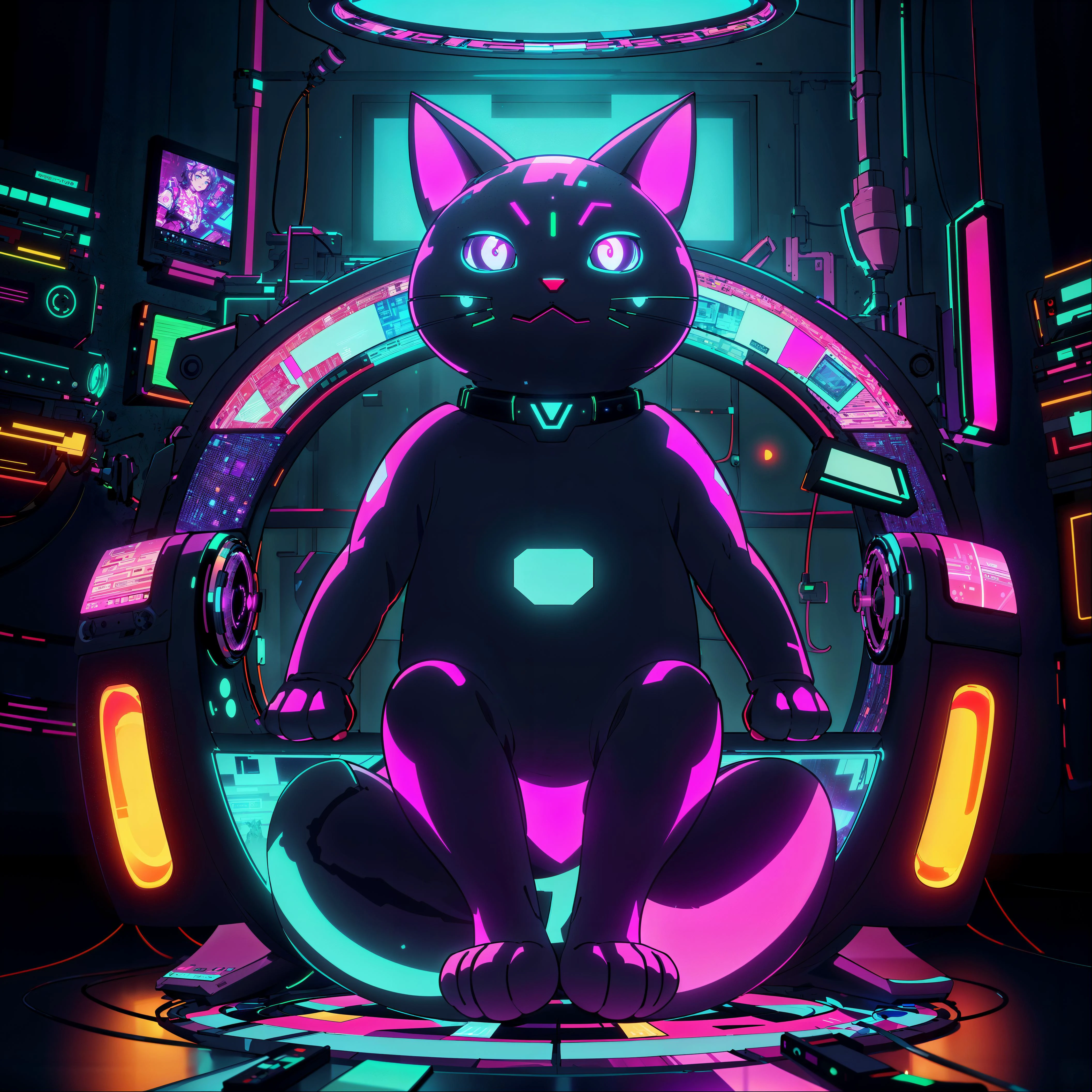 <lora:AdsTech-20:0.8> adstech, colorful symbols , hologram, scifi, (masterpiece, best quality, highly detailed:1.2), (vhs distortion, vhs color grading, vaporwave), cute cat sitting, backlighting, dim light, neons,
