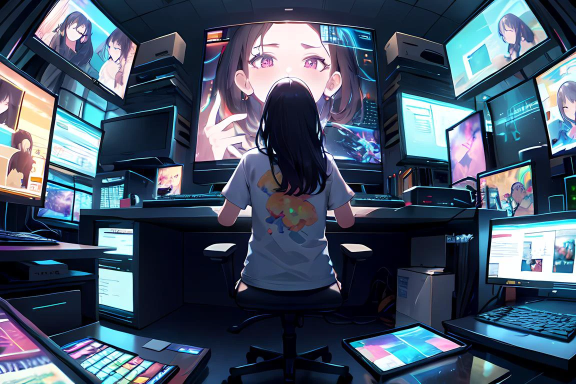 masterpiece, best quality, official art, (hand by Guido Daniele), extremely detailed CG unity 8k wallpaper, 1 girl, tshirt, short pants, from behind, looking to the front, sitting down, desk, computers:1.5, screens:1.5, <lora:AdsTech-20:0.8> adstech, colorful symbols , symmetrical, potato chips, energy drinks
