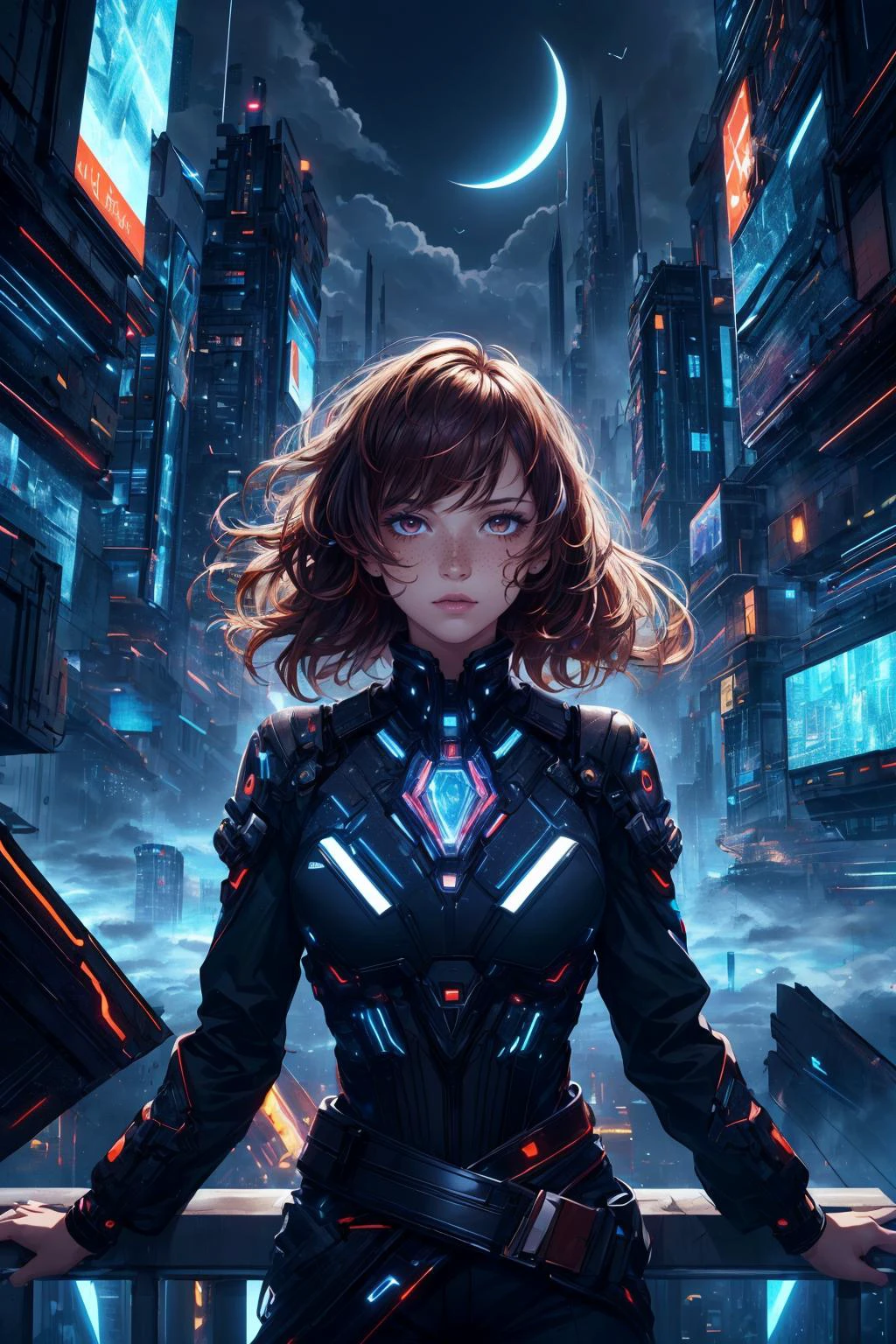 maximum details, cinematic, (abstract art:1.1), stylized, deep shadow, <lora:add_detail:0.5>, <lora:epi_noiseoffset2:0.5>,
1 girl, adult (elven:0.7) woman, freckles, red eyes, chestnut wavy hair,
Style-GravityMagic, (focus on character:1.1), portrait, solo, upper body, detailed background, detailed face, (<lora:AdsTech:0.6>, pixelated LED, hologram, , adstech theme:1.1), aristocratic pose, ruling class, elegant clothing, looking over floating (cloud city:1.1), utopian cloudtop sky-city, floating platforms, floating buildings, balcony, propellers, clouds in background, wind blowing, epic atmosphere, dark moonlit night,