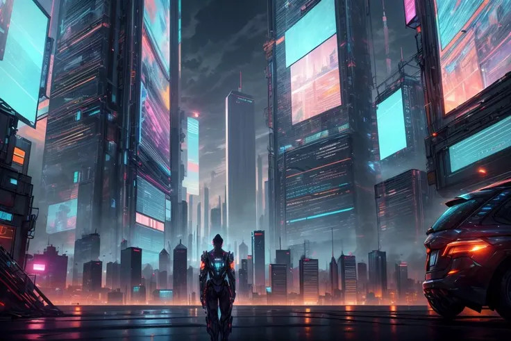 masterpiece,adstech,city skyline,highrise buildings,neon lights,light beams,holographic,(glowing lights:1.2),scifi,cyberpunk,vibrant,best quality,amazing details,<lora:add_detail:0.8>,<lora:AdsTech:0.9>,