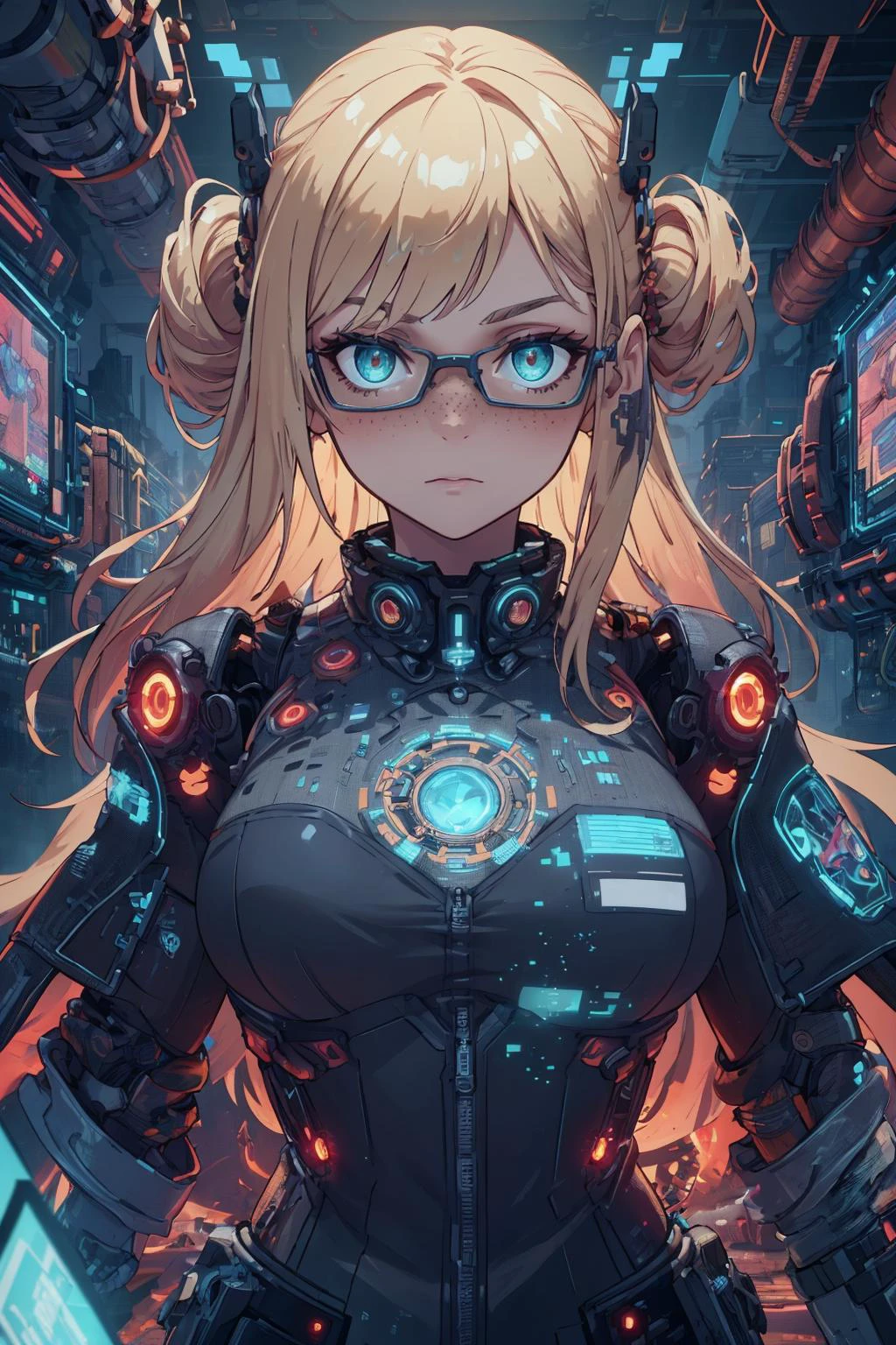 masterpiece, best quality, <lora:detail_slider_v4:1.0>,
<lora:GoodHands-beta2:0.8>,
1 girl, adult spanish woman, freckles, aquamarine eyes, medium blonde updo hairstyle, bangs,
(style-rustmagic:0.8), portrait, looking at viewer, solo, upper body, detailed background, (<lora:AdsTech:0.6>, pixelated LED, hologram, scifi,, adstech theme:1.1) determined expression, dynamic pose, bright clouds engineer, floating gears, blue leather vest , techwear, mechanical gloves with intricate gears, medieval glasses, grenade, remote forest in background, machines, steam, industry, gears turning, intense atmosphere,