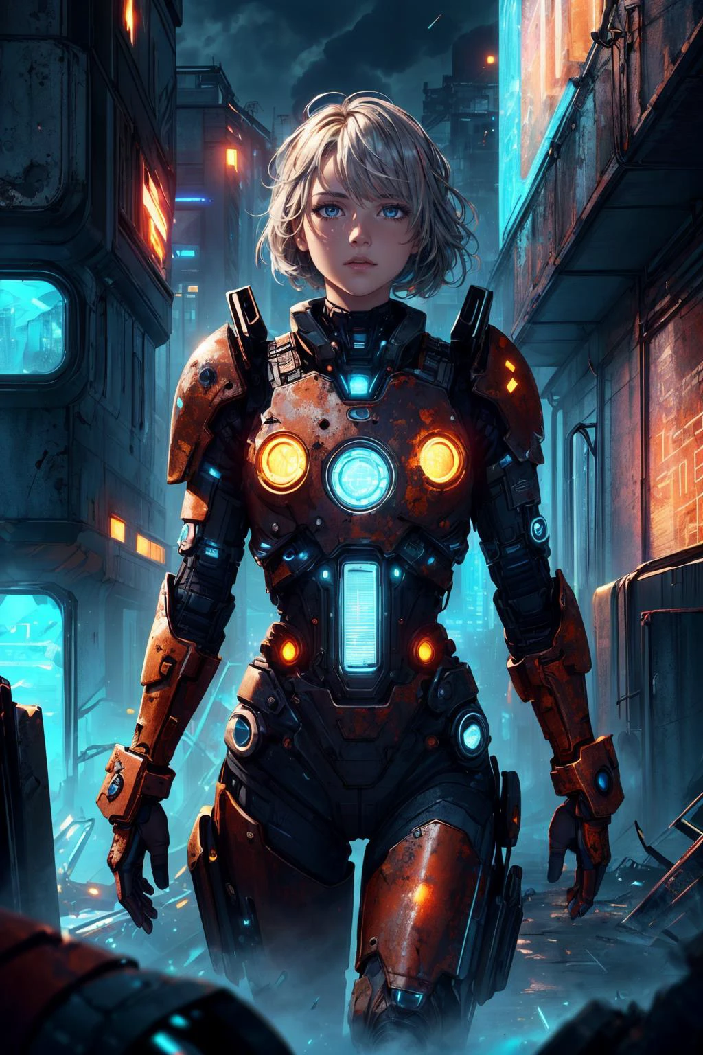 maximum details, cinematic, (abstract art:1.1), dark theme, stylized, deep shadow, <lora:add_detail:0.5>, <lora:epi_noiseoffset2:0.5>,
1 girl, adult (elven:0.7) woman, grey-blue eyes, light blonde quiff hair,
(style-rustmagic:1.0) solo, (full body:0.6), looking away, detailed background, detailed face, (<lora:AdsTech:0.6>, pixelated LED, colorful symbols, hologram, scifi,, adstech theme:1.1), rust-champion, rusty armor, (rusty:1.05), red rust, weathered, corroded, worn-out, soot, made of rust, fully rusted, ruins in background, low light, shadows, dark clouds, cinematic atmosphere,
